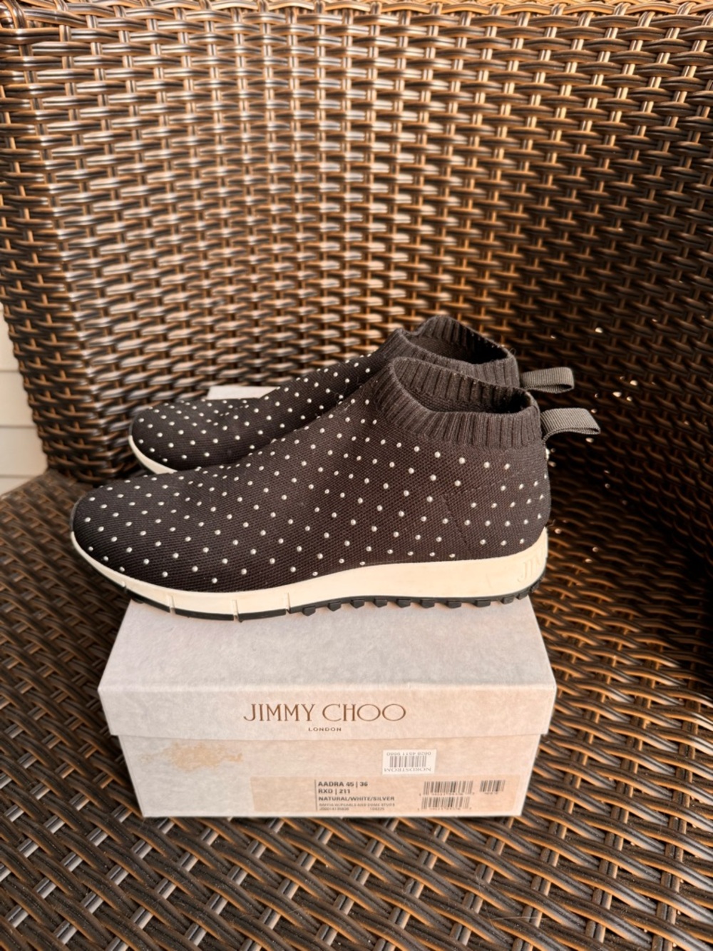 Jimmy Choo Black Knit Slip-On Sneakers with White Dot Detail